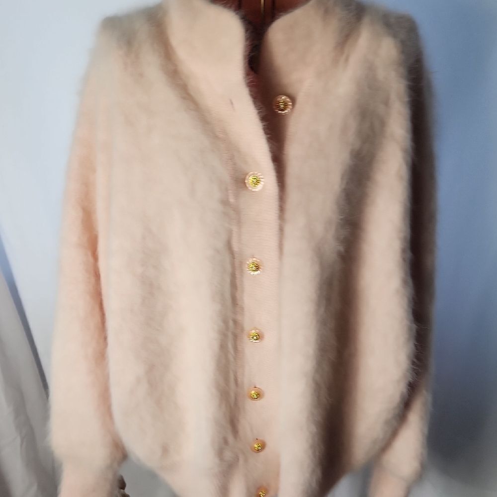 Vintage Quiet Luxury Soft Angora Fur Jewel Button Pink Cardigan Sweater Size XL
